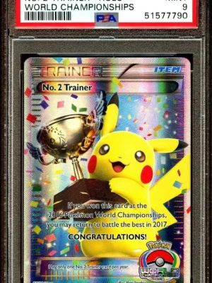 PSA 9 MINT No. 2 TRAINER 2016 Worlds TROPHY Pikachu FULL ART Pokemon Card 790