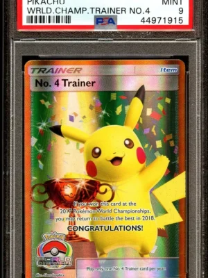 PSA 9 MINT No. 4 TRAINER 2017 Worlds TROPHY Pikachu FULL ART Pokemon Card 915